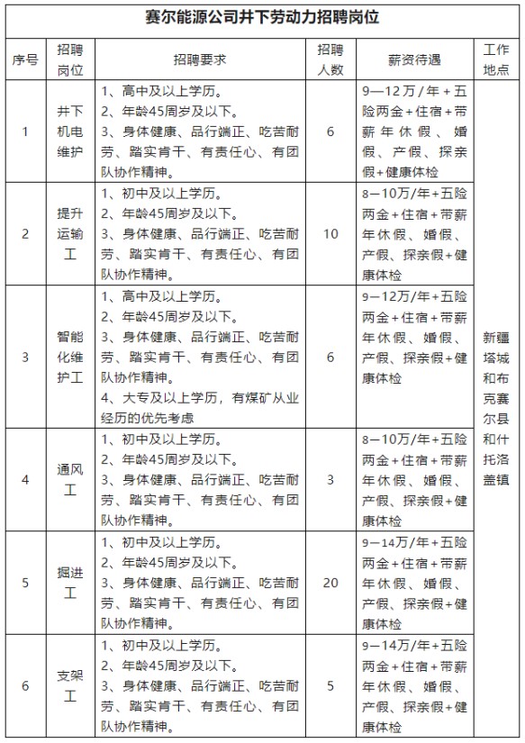 徐礦集團新疆賽爾能源有限責任公司公開招聘啟事
